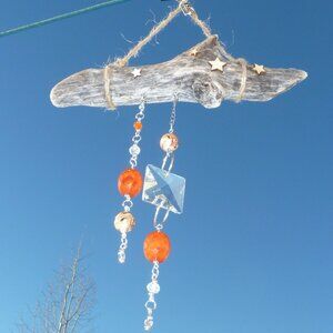 Suncatcher A Treated driftwood, cut glass pieces, handmade glass beads etc